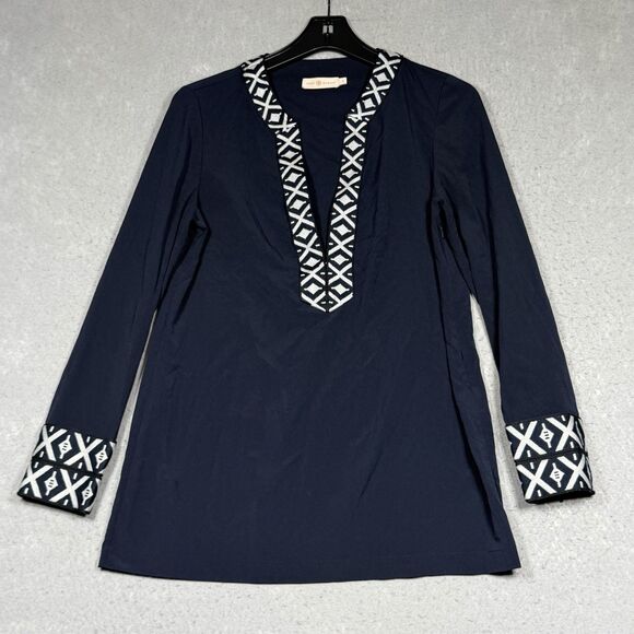 Tory Burch Tops - Tory Burch Tunic Top Women’s 6 Navy Blue Ariana Embroidered Knit Trim V Neck